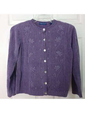 VTG Karen Scott Petites PM Cardigan Purple Chenille Button Beads Embroidery #D46